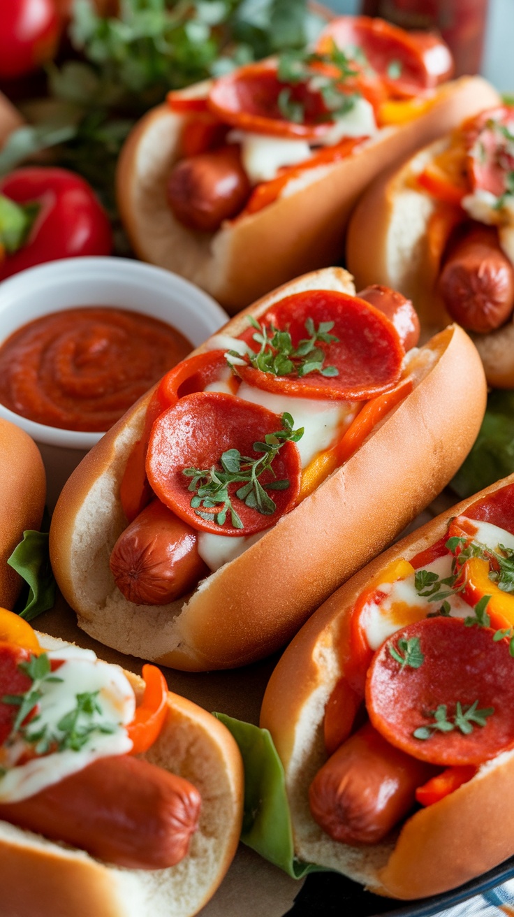 A delicious array of Gourmet Pizza Dogs topped with cheese, pepperoni, and bell peppers on a platter.